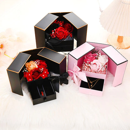 Rose Flower Gift Box with Drawer Design Necklace Jewelry Packaging Double Door Boxes