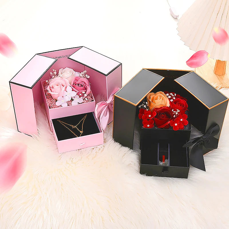 Rose Flower Gift Box with Drawer Design Necklace Jewelry Packaging Double Door Boxes