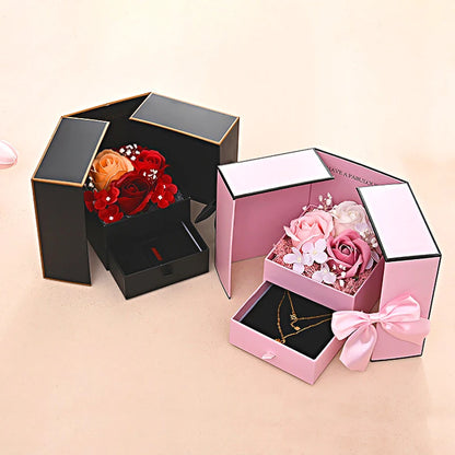 Rose Flower Gift Box with Drawer Design Necklace Jewelry Packaging Double Door Boxes